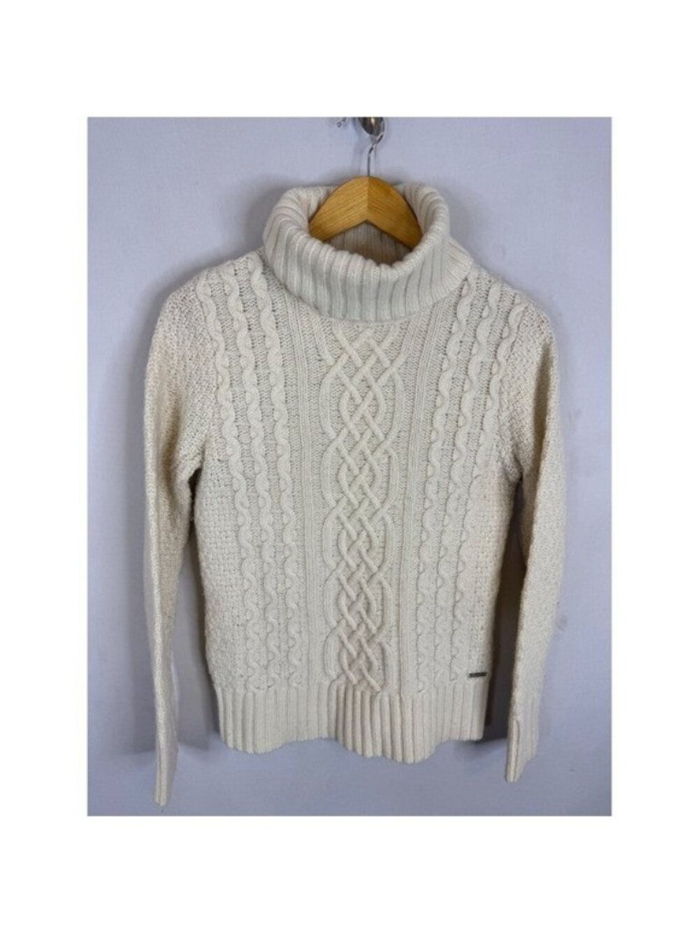 Eddie Bauer Womens Cream Cable Knit Lambs Wool Turtleneck Sweater Size S